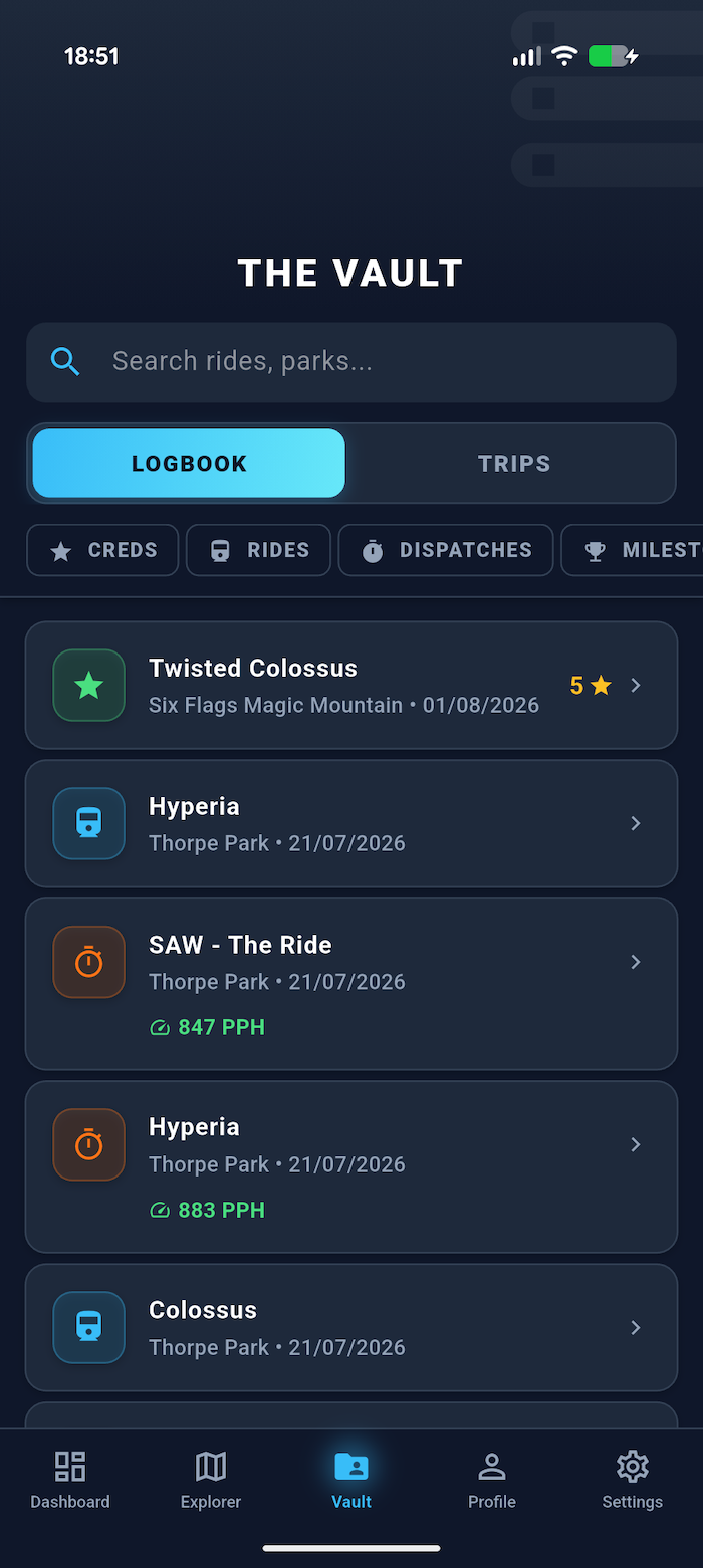 The Vault logbook listing logged rides — creds, rides and dispatch times with PPH