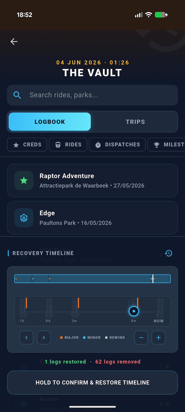 Recovery Timeline: a scrubber to rewind your logbook and restore it to an earlier point